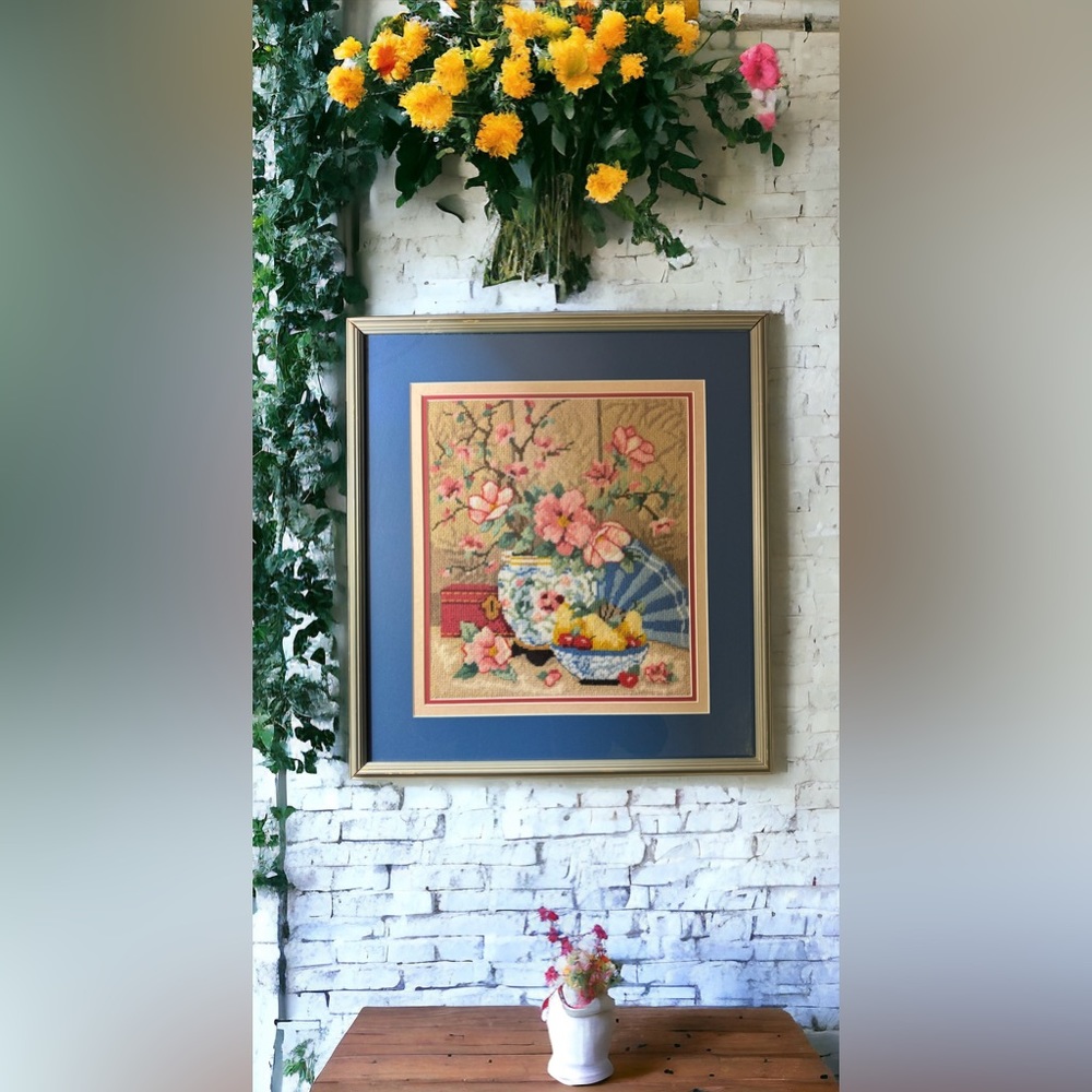 Vintage Needlepoint  Cherry Blossom Framed Picture 19”x21” Fruits Flowers 60s